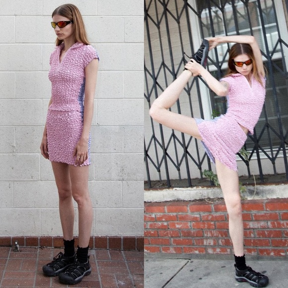 NWT KKCO Y2K Two-Tone Colorblock Smocked Stretch Popcorn Pencil Mini Skirt M - Picture 8 of 11